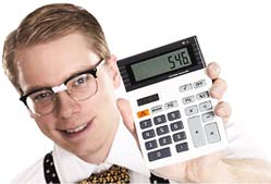 Man with glasses holding calculator